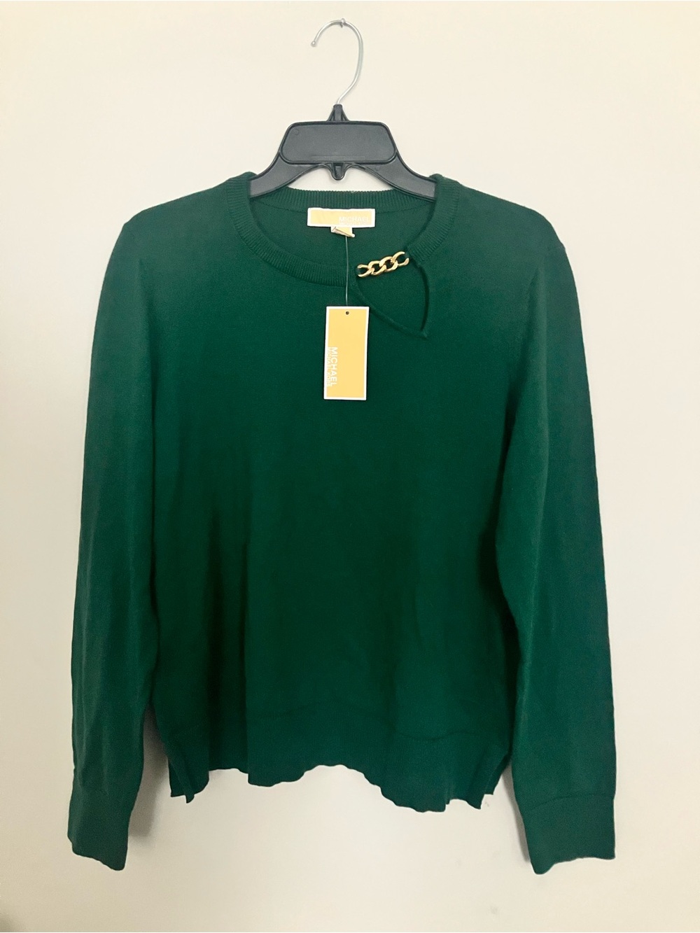 Michael Kors Dark Green Crewneck Sweater with Gold Chain Accent